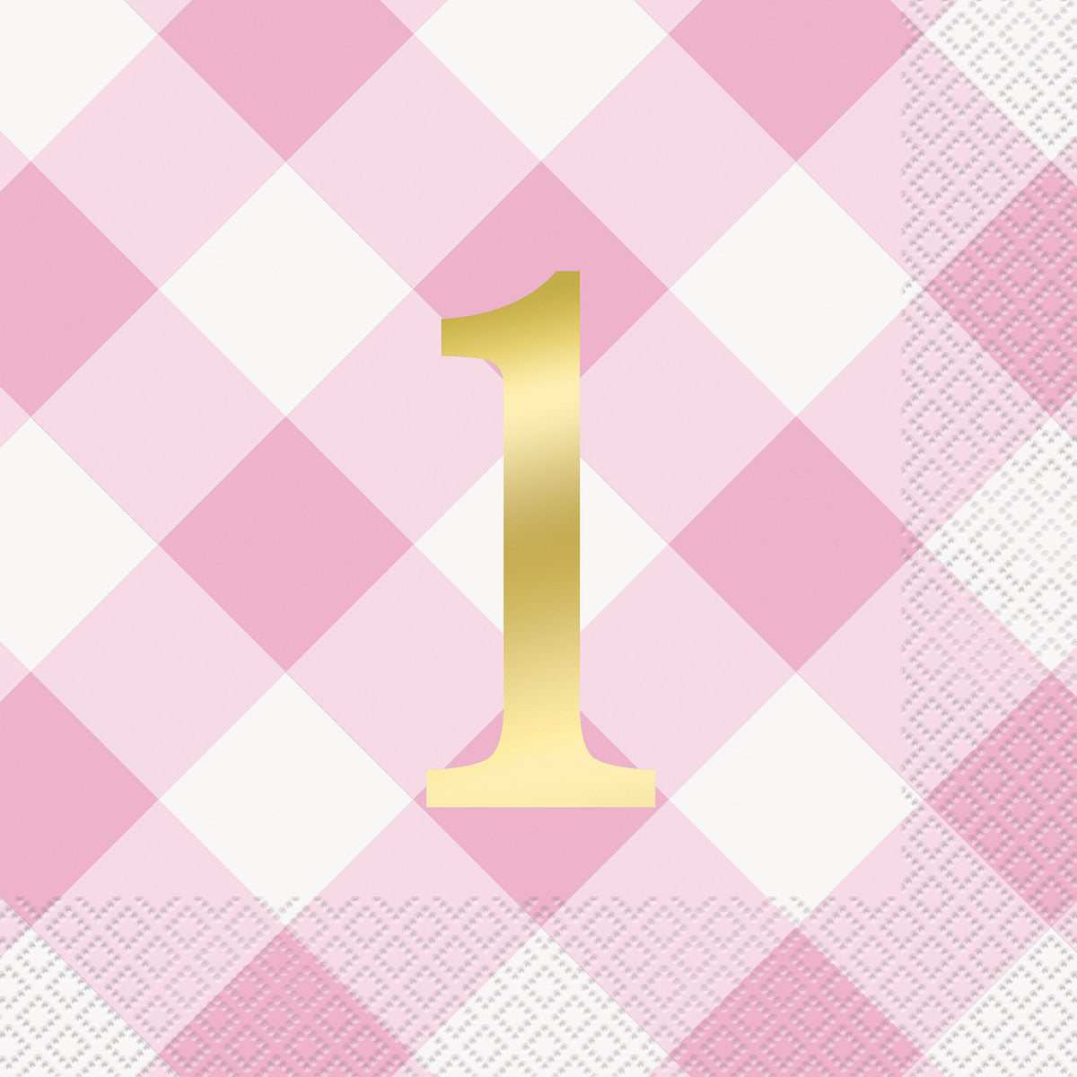 Gingham 1st Birthday Pink Foil Stamped Luncheon Napkins (Pack of 16)