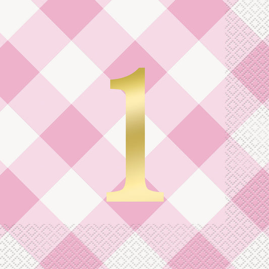 Gingham 1st Birthday Pink Foil Stamped Luncheon Napkins (Pack of 16)