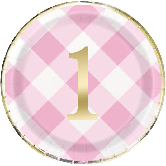 Gingham 1st Birthday Pink Foil Stamped Paper Plates 23cm (Pack of 8)