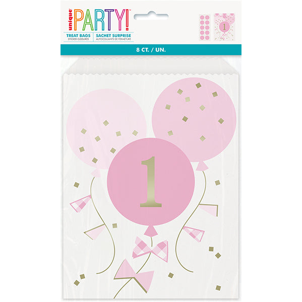 Pink Gingham "1st Birthday" Foil Stamped Treat Bags with Sticker Closures (Pack of 8)