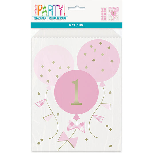 Pink Gingham "1st Birthday" Foil Stamped Treat Bags with Sticker Closures (Pack of 8)