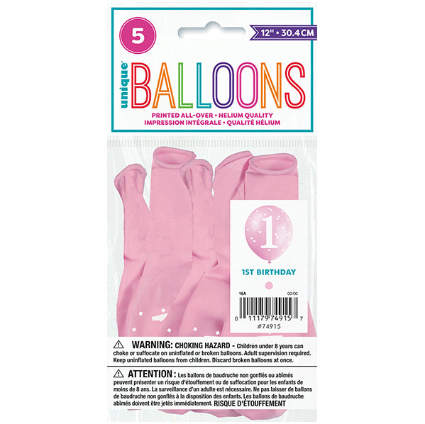 "1st Birthday" Pink Gingham Balloons 30cm (Pack of 5)