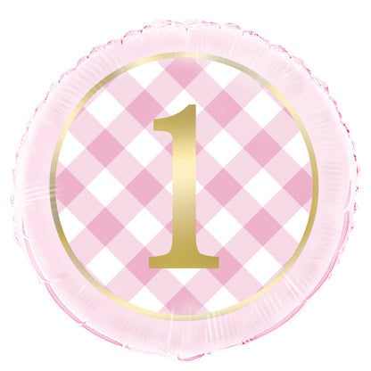 Pink Gingham 1st Birthday Foil Balloon 45cm