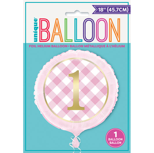 Pink Gingham 1st Birthday Foil Balloon 45cm