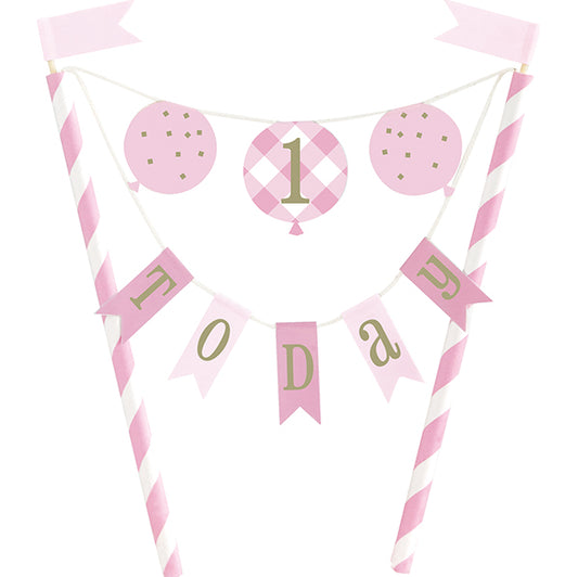 Gingham 1st Birthday Pink Bunting Cake Topper