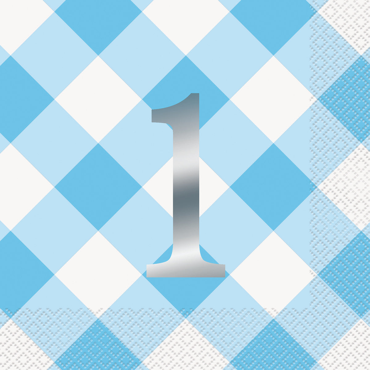 Gingham 1st Birthday Blue Foil Stamped Luncheon Napkins (Pack of 16)