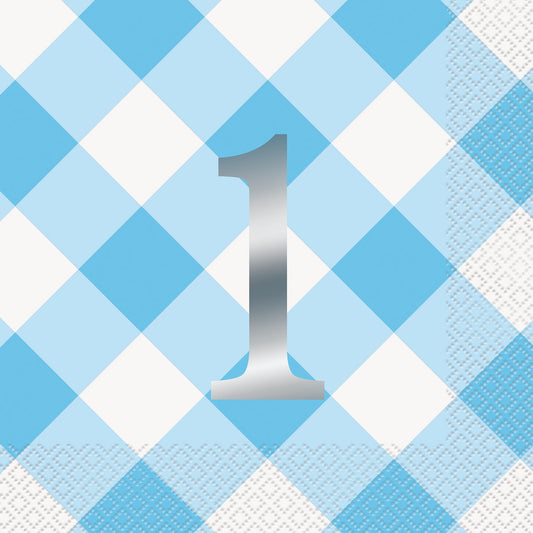 Gingham 1st Birthday Blue Foil Stamped Luncheon Napkins (Pack of 16)