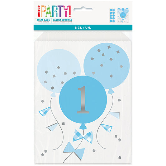 Blue Gingham "1st Birthday" Foil Stamped Treat Bags with Sticker Closures (Pack of 8)