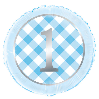 Blue Gingham 1st Birthday Foil Balloon 45cm