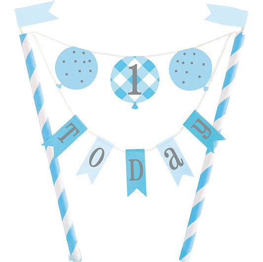 Gingham 1st Birthday Blue Bunting Cake Topper