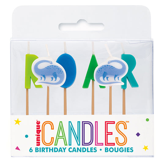 Dinosaur "Roar" Blue & Green Pick Birthday Candles (Pack of 6)