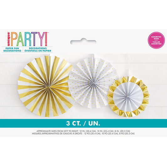 Decorative Fan - Foil Stamped Gold & White Assorted (Pack of 3)