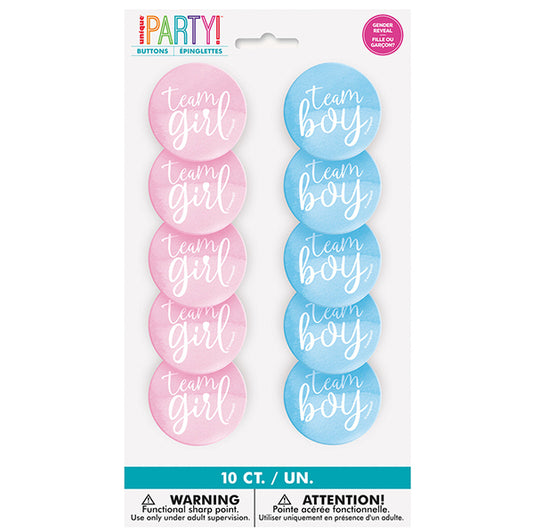 Gender Reveal - Team Boy/Girl Badges (Pack of 10)