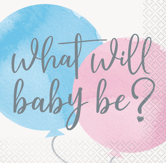 Baby Gender Reveal "What Will Baby Be?" Beverage Napkins (Pack of 16)