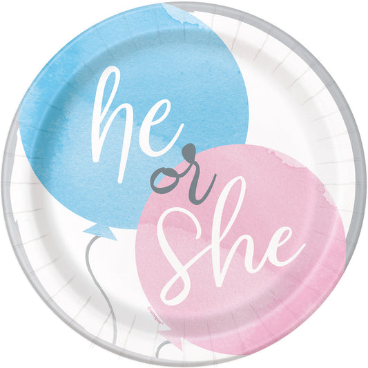 Baby Gender Reveal "He Or She" Paper Plates 18cm (Pack of 8)