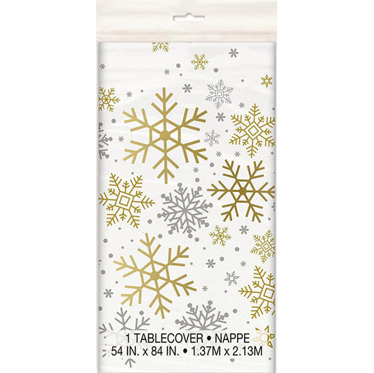 Silver & Gold Holiday Snowflakes Tablecover 137cm x 213cm