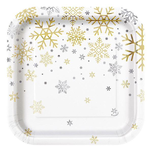 Silver & Gold Holiday Snowflake Foil Stamped Square Paper Plates 18cm (Pack of 8)