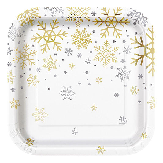 Silver & Gold Holiday Snowflake Foil Stamped Square Paper Plates 18cm (Pack of 8)