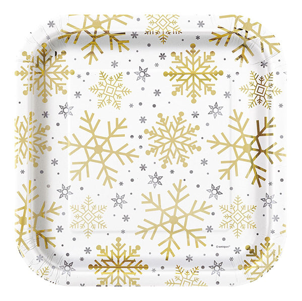 Silver & Gold Holiday Snowflakes Foil Stamped Square Paper Plates 23cm (Pack of 8)