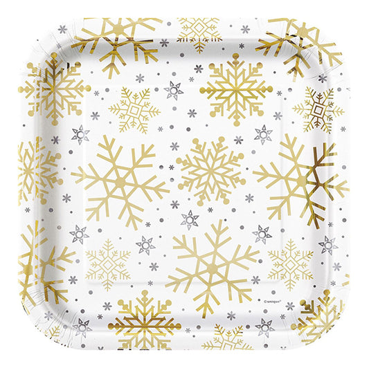 Silver & Gold Holiday Snowflakes Foil Stamped Square Paper Plates 23cm (Pack of 8)