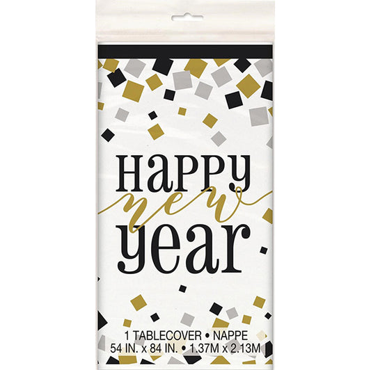 Black, Gold, Silver "Happy New Year" Printed Tablecover 137cm x 213cm