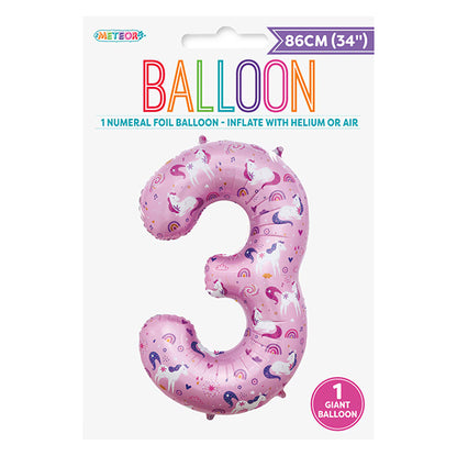 Unicorn "3" Numeral Foil Balloon (86cm)