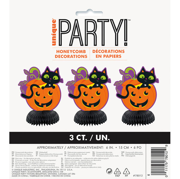 Cat & Pumpkin Halloween Mini Honeycomb Decorations (Pack of 3)