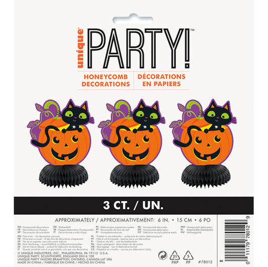 Cat & Pumpkin Halloween Mini Honeycomb Decorations (Pack of 3)