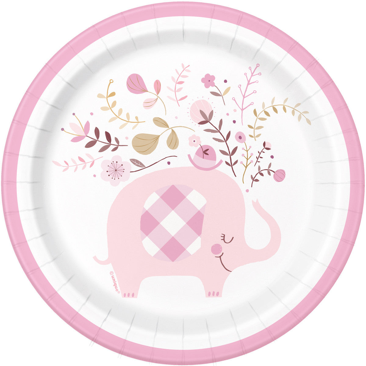 Floral Elephant Baby Shower - Pink Paper Plates 18cm (Pack of 8)