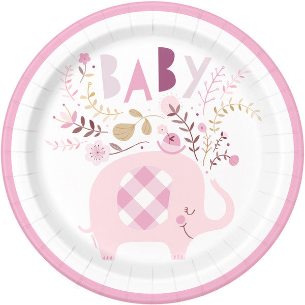 Floral Elephant Baby Shower - Pink Paper Plates 23cm (Pack of 8)