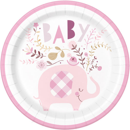 Floral Elephant Baby Shower - Pink Paper Plates 23cm (Pack of 8)