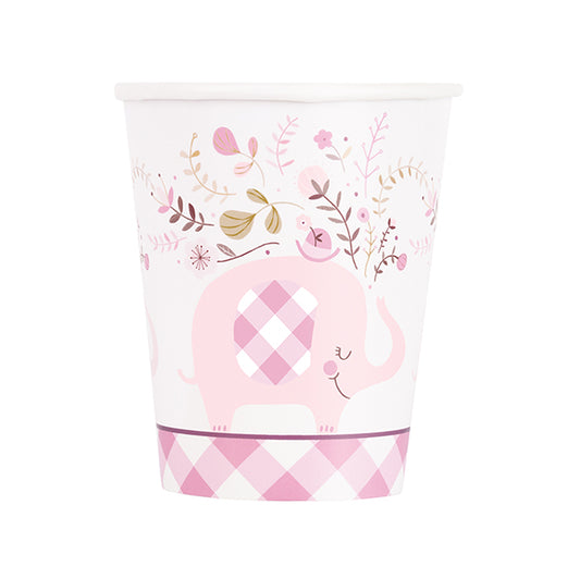 Floral Elephant Baby Shower - Pink Paper Cups 270ml (Pack of 8)