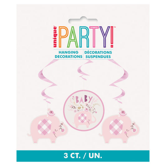 Floral Elephant Baby Shower Pink Hanging Swirl Decorations (Pack of 3)