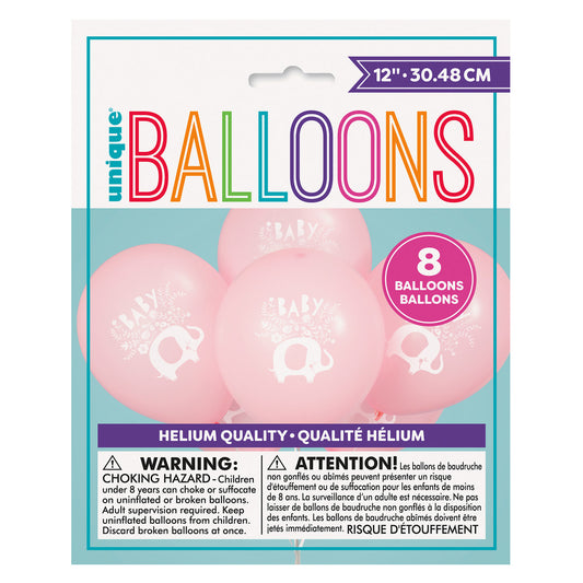 Floral Elephant Baby Shower Pink Balloons 30cm (Pack of 8)