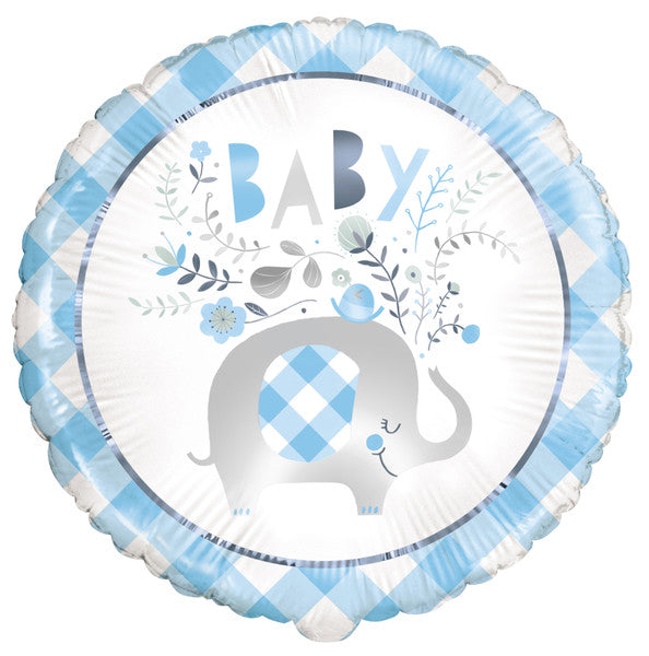 Baby Shower Floral Blue Elephant Foil Balloon 45cm