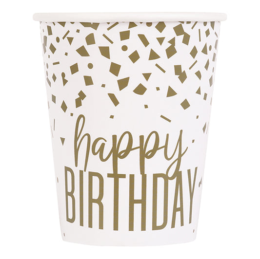 Gold Confetti "Happy Birthday" Paper Cups 270ml (Pack of 8)