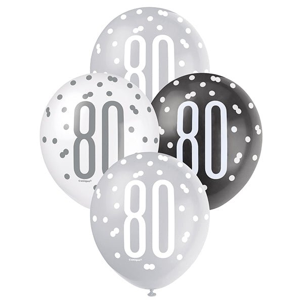 "80" Black, Silver & White Assorted Balloons 30cm (Pack of 6) - The Party Marketplace