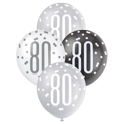 "80" Black, Silver & White Assorted Balloons 30cm (Pack of 6) - The Party Marketplace