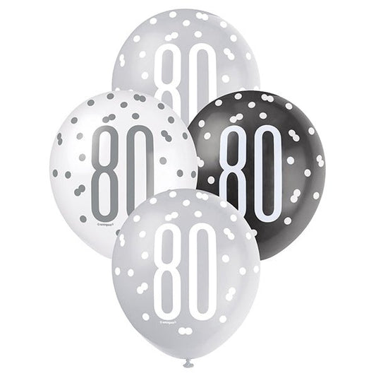 "80" Black, Silver & White Assorted Balloons 30cm (Pack of 6) - The Party Marketplace