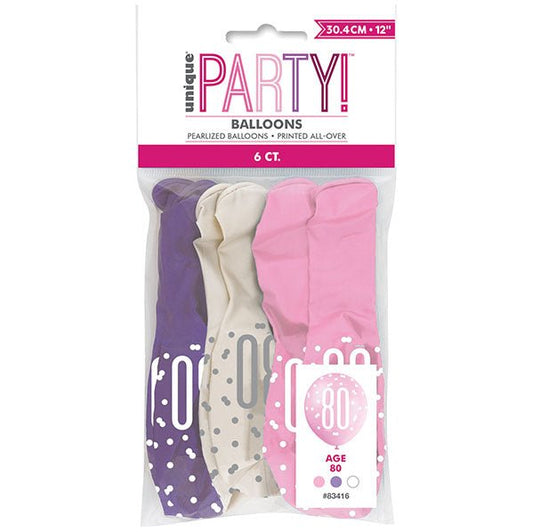 "80" Pink, Purple & White Assorted Balloons 30cm (Pack of 6) - The Party Marketplace