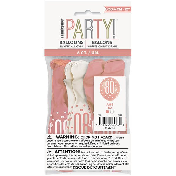 "80" Rose Gold & White Assorted Balloons 30cm (Pack of 6) - The Party Marketplace