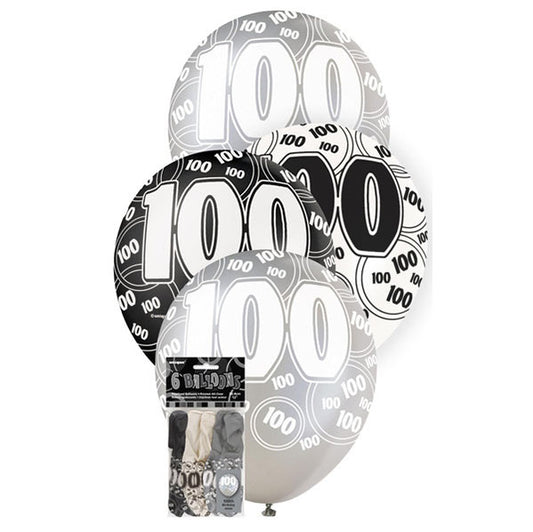 "100" Glitz Black Balloons 30cm (Pack of 6)