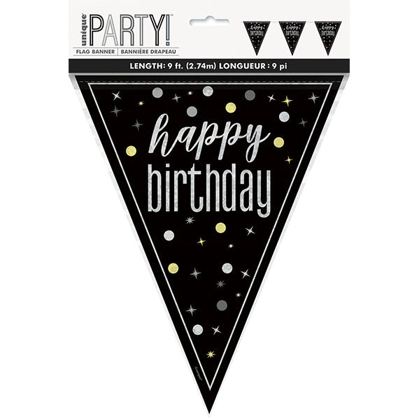 "Happy Birthday" Glitz Black Foil Flag Banner - 2.74m