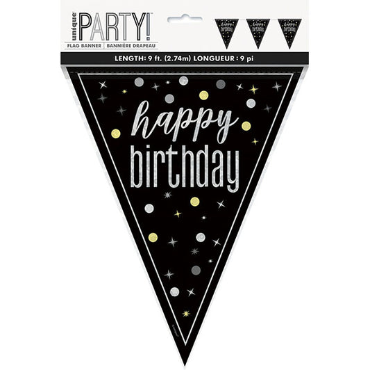 "Happy Birthday" Glitz Black Foil Flag Banner - 2.74m