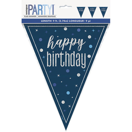 "Happy Birthday" Glitz Blue Foil Flag Banner - 2.74m