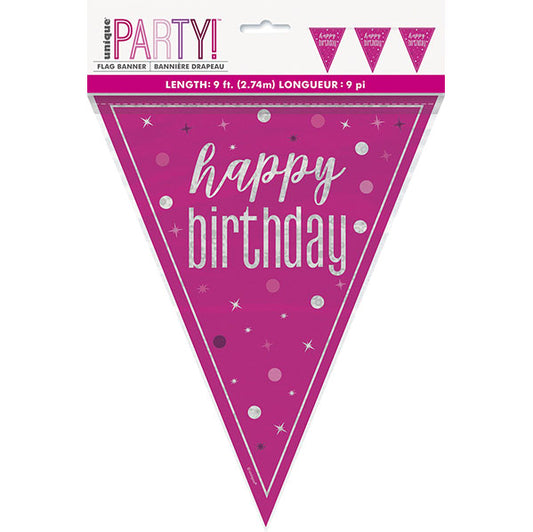 "Happy Birthday" Glitz Pink Foil Flag Banner - 2.74m