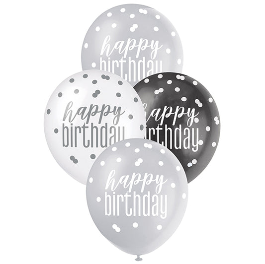 "Happy Birthday" Black, Silver & White Assorted Balloons 30cm (Pack of 6)