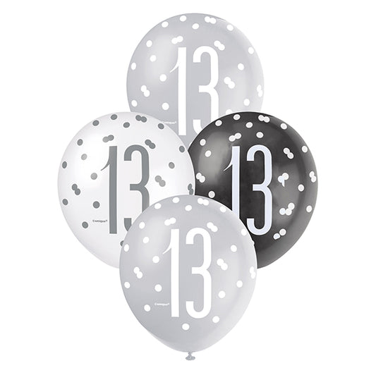 "13" Black, Silver & White Assorted Balloons 30cm (Pack of 6)