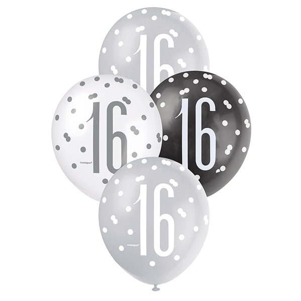 "16" Black, Silver & White Assorted Balloons 30cm (Pack of 6)