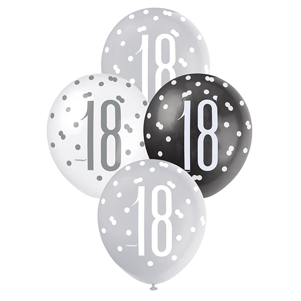 "18" Black, Silver & White Assorted Balloons 30cm (Pack of 6)